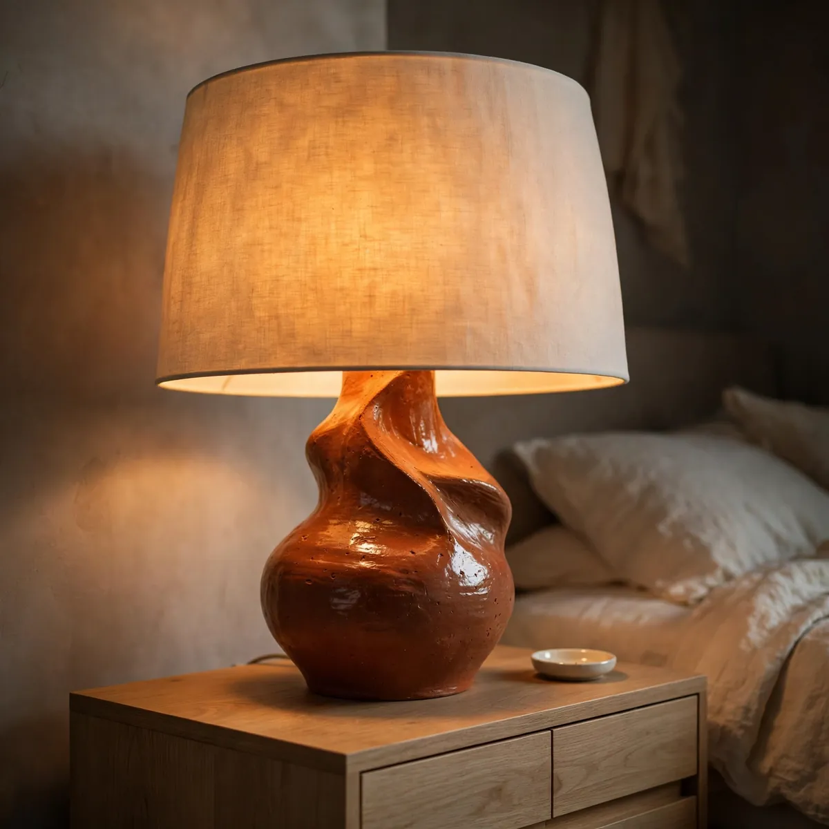 nightstand decor ideas: sculptural terracotta lamp as the hero piece on a simply styled bedside table