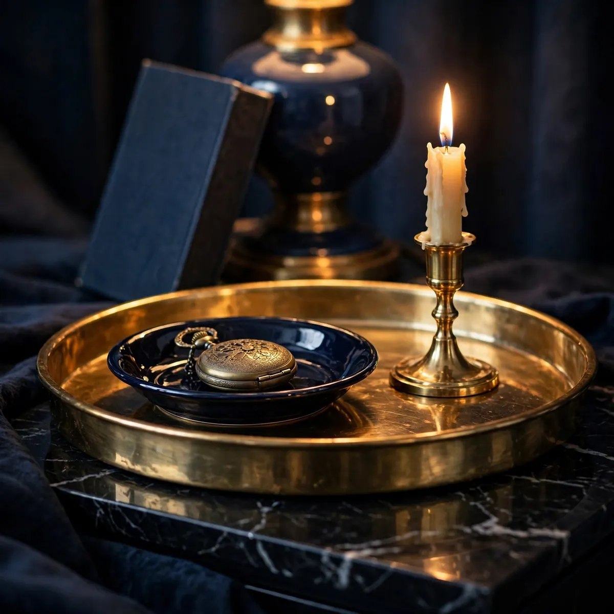 nightstand decor ideas: layered brass and navy trays organizing a watch, candle, and leaning book