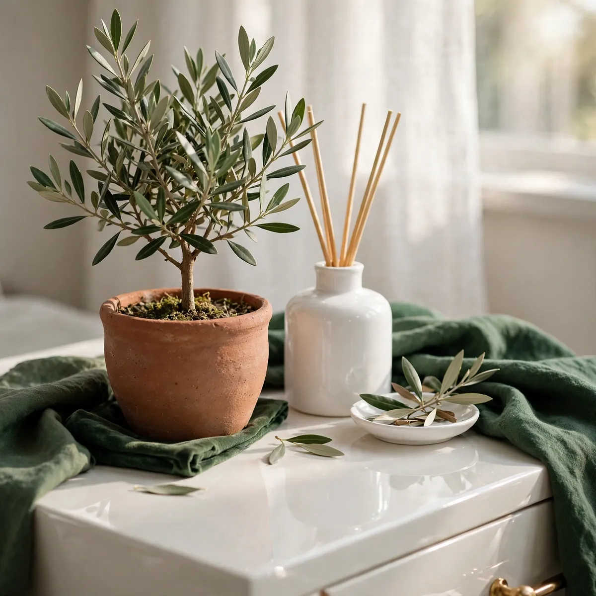 nightstand decor ideas: small potted olive tree bringing greenery to a white bedside table