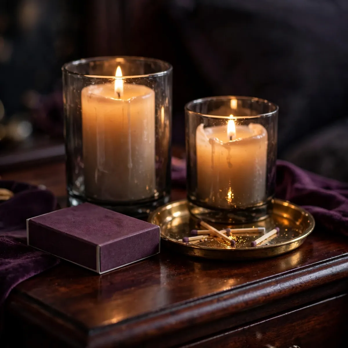 nightstand decor ideas: pillar candles glowing in smoked glass holders on a dark wood nightstand