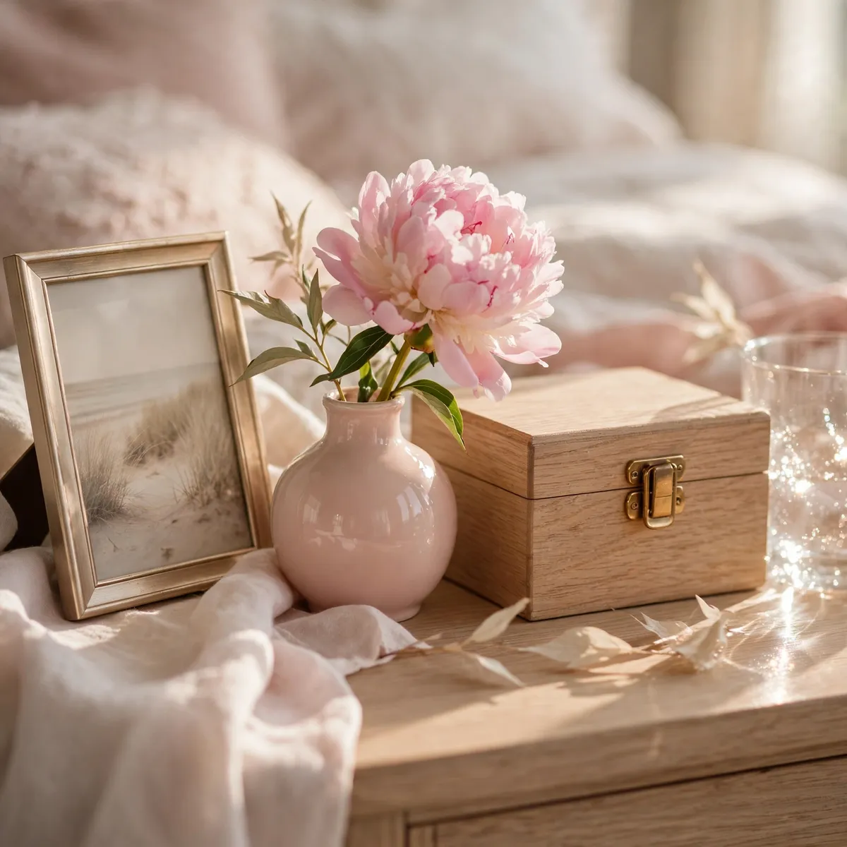 nightstand decor ideas: framed photograph, bud vase with peony, and oak memory box styled on a bedside table