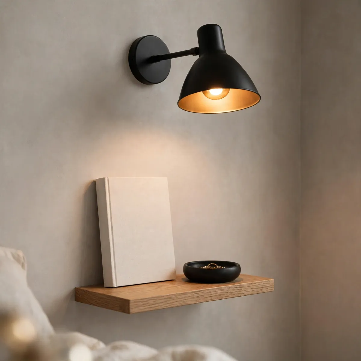 nightstand decor ideas: matte black wall sconce glowing above a tiny floating nightstand shelf