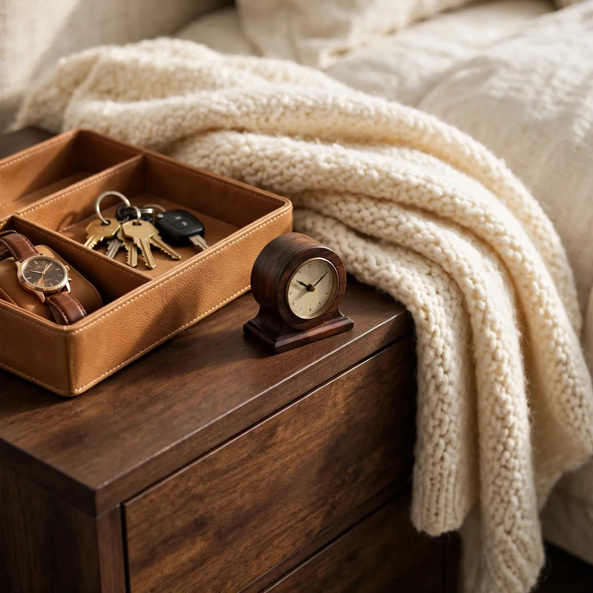 nightstand decor ideas: camel leather valet tray, cream wool throw, and espresso wood clock layered on a bedside table
