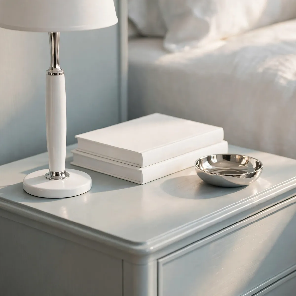 nightstand decor ideas: minimalist bedside table with only a slim lamp, two books, and a catch-all dish