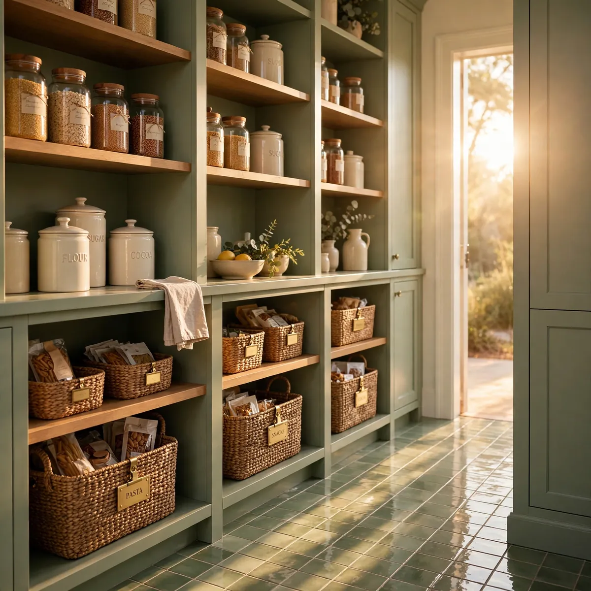pantry organization ideas: sage-green walk-in pantry with labeled basket zones for pasta, snacks, and grains