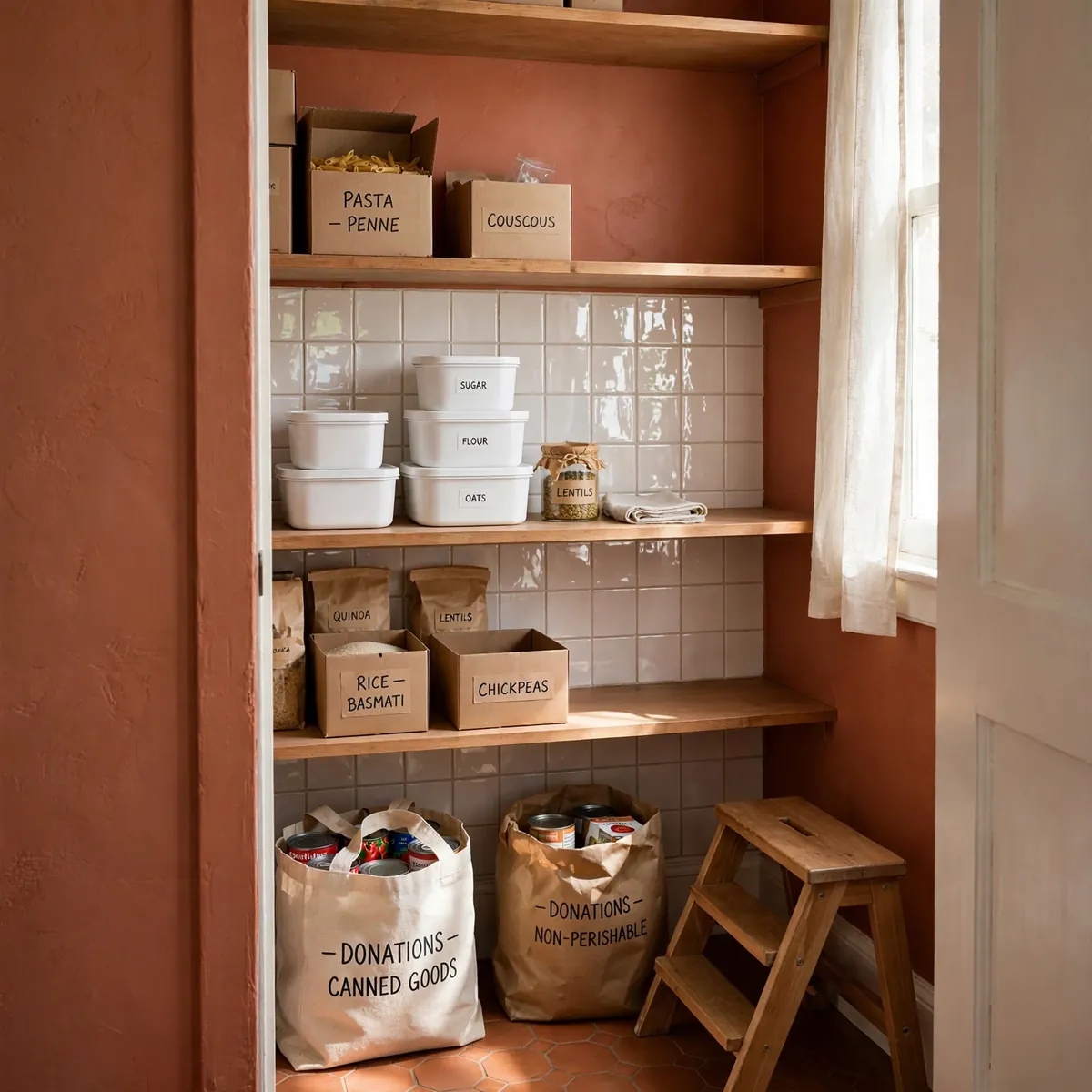 pantry organization ideas: reach-in pantry being sorted, with donation bags and grouped dry goods
