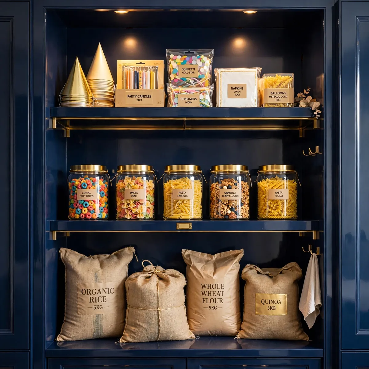 pantry organization ideas: navy pantry wall with heavy items low, everyday jars at eye level, rare items up high