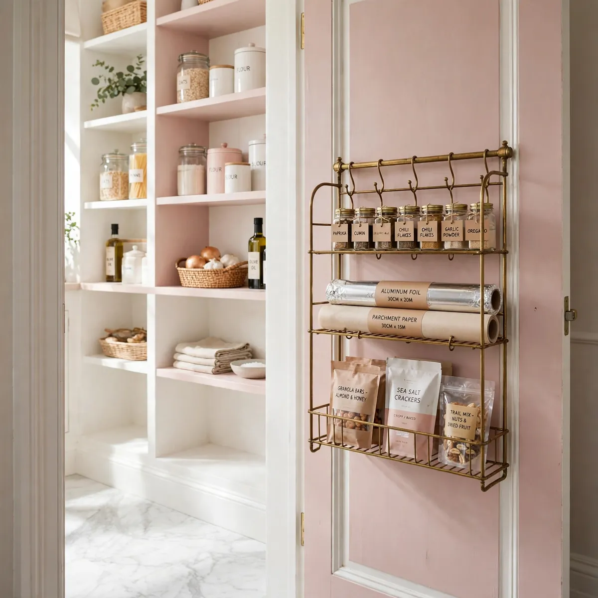 pantry organization ideas: open pantry door with brass over-the-door rack for spices and snack packets
