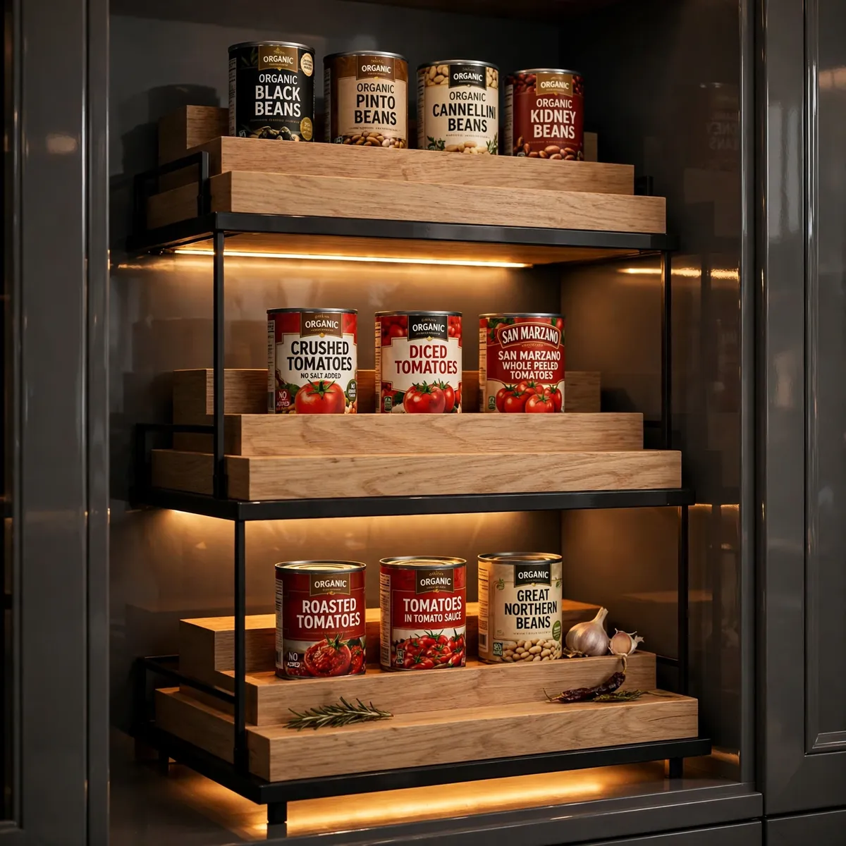 pantry organization ideas: charcoal shelves with tiered risers holding rows of canned goods at three heights