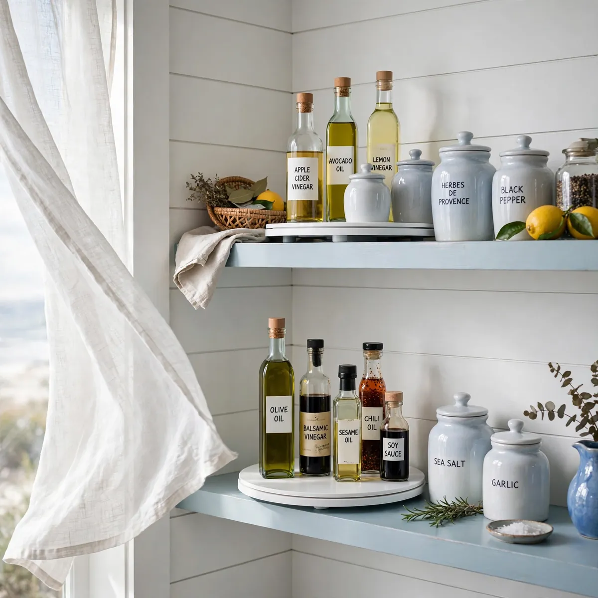 pantry organization ideas: coastal pantry corner with lazy susan turntables holding oils and vinegars