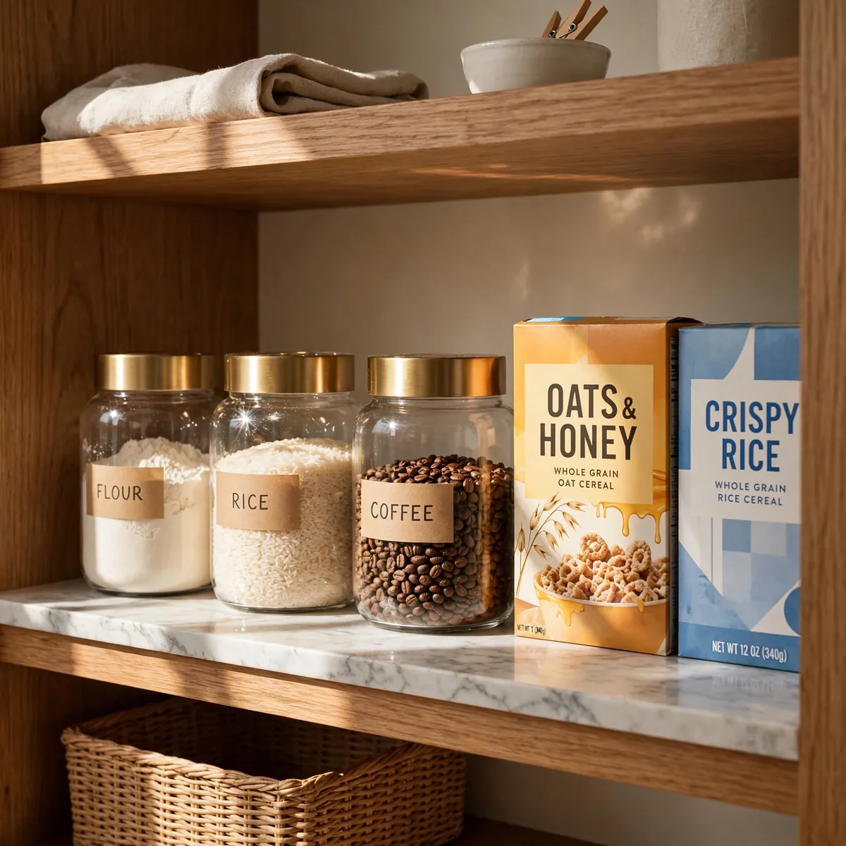 pantry organization ideas: honey-oak shelf with a few glass decanting jars beside boxes kept in original packaging
