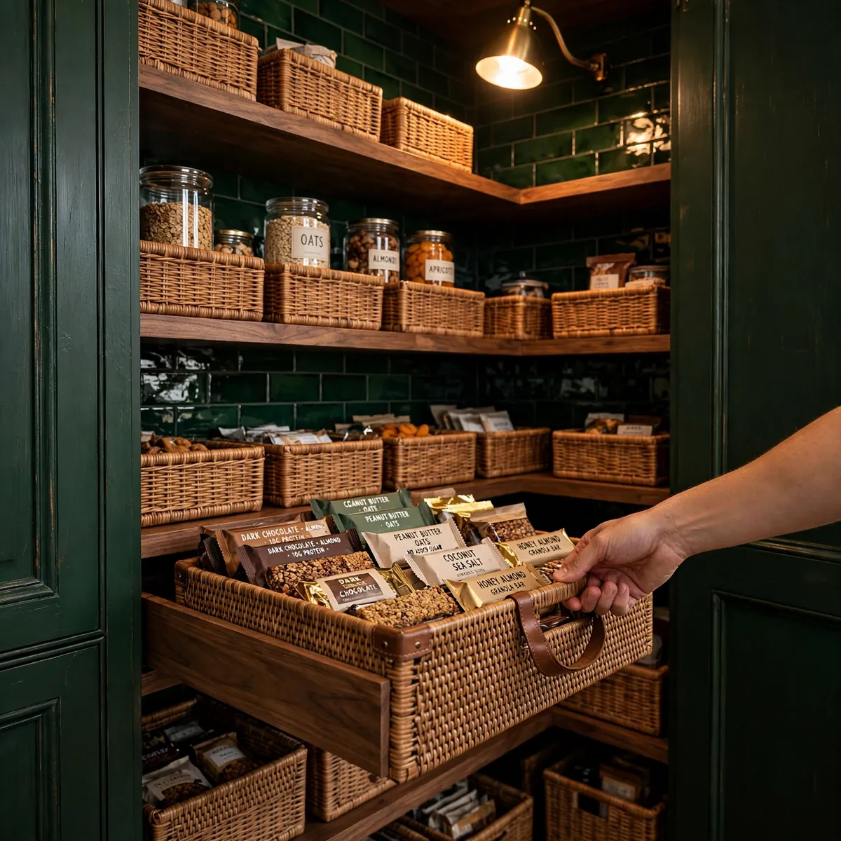 pantry organization ideas: forest-green pantry with rattan pull-out bins with handles on deep shelves