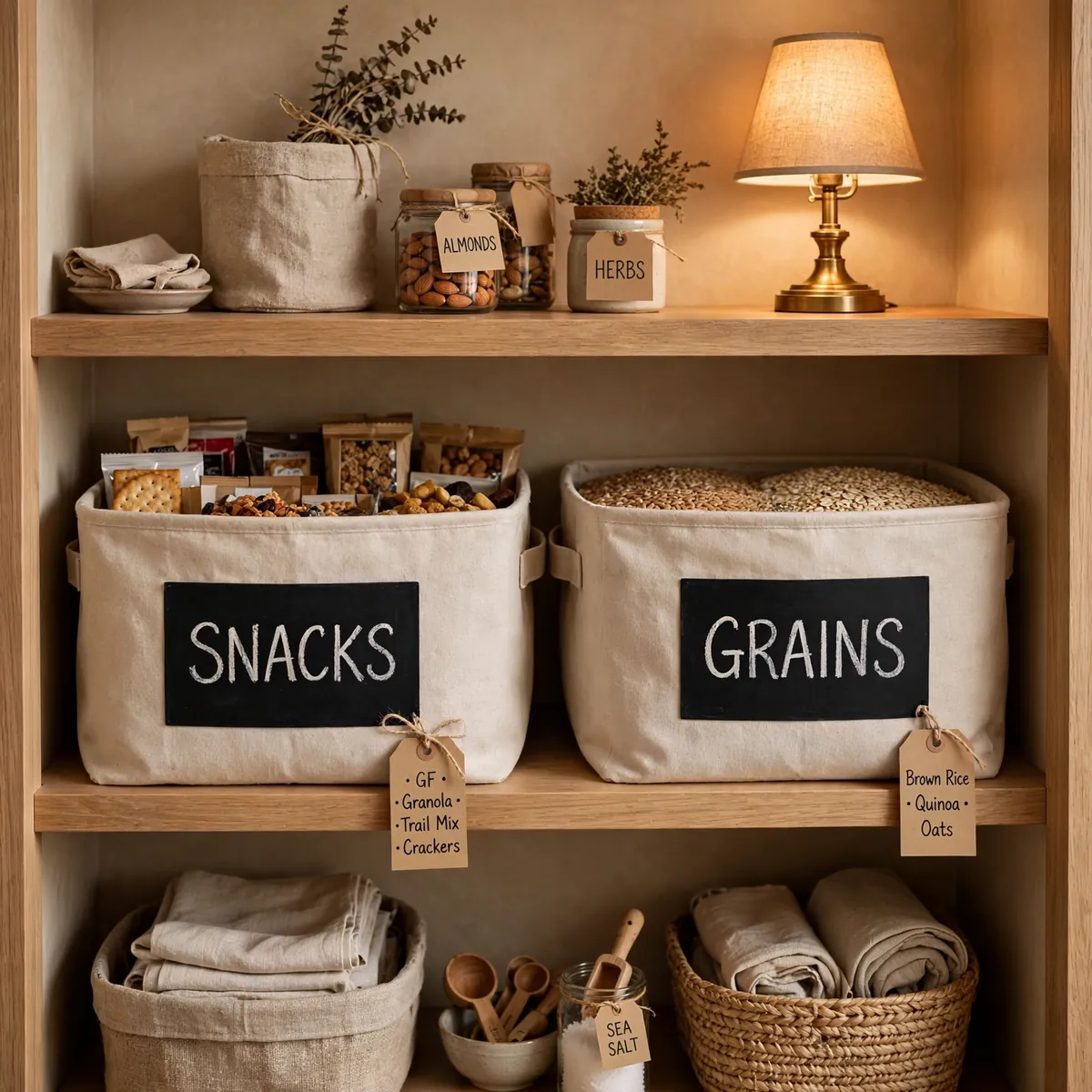 pantry organization ideas: beige pantry shelf with chalkboard-labeled bins for snacks and grains