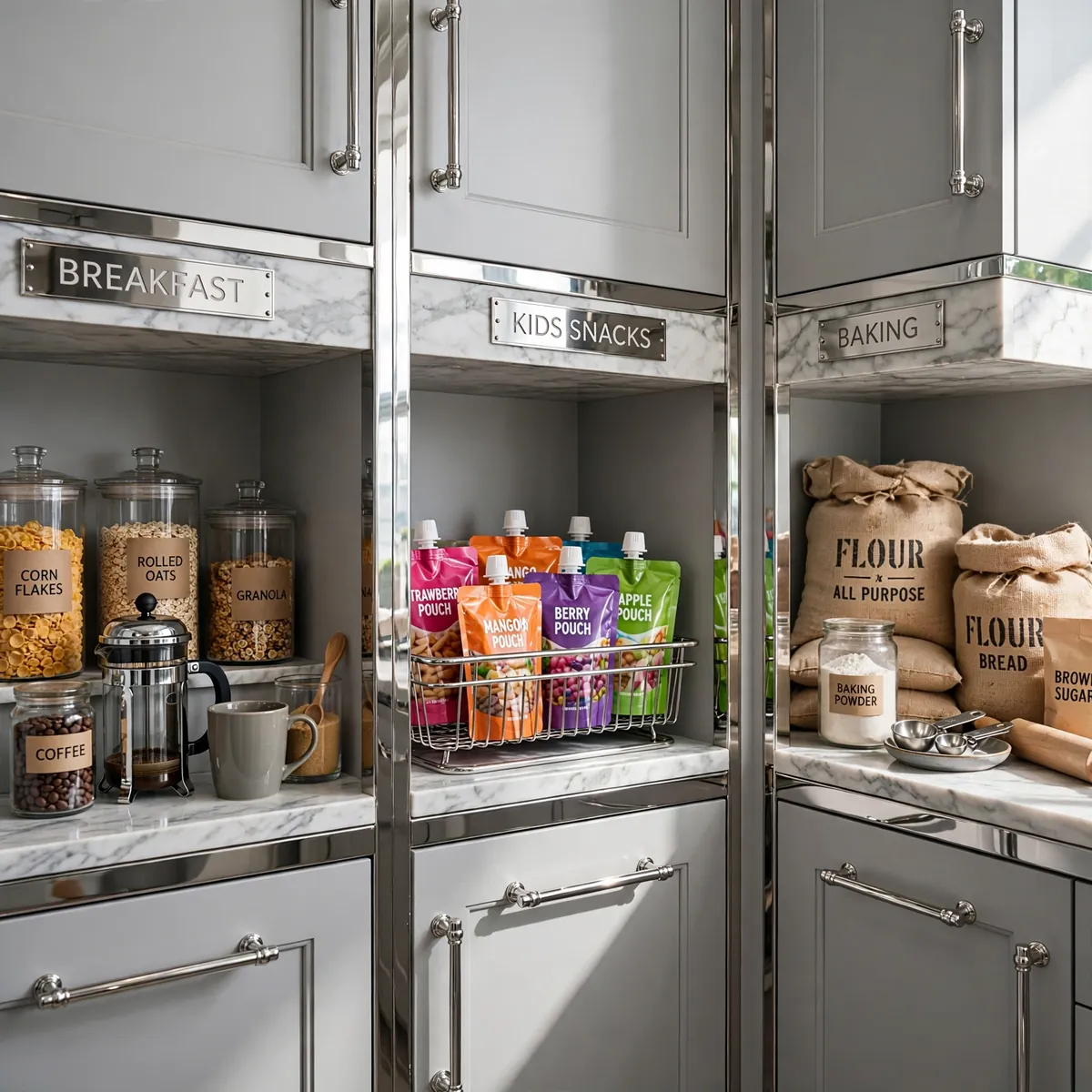 pantry organization ideas: gray and chrome pantry with labeled stations for breakfast, kids snacks, and baking