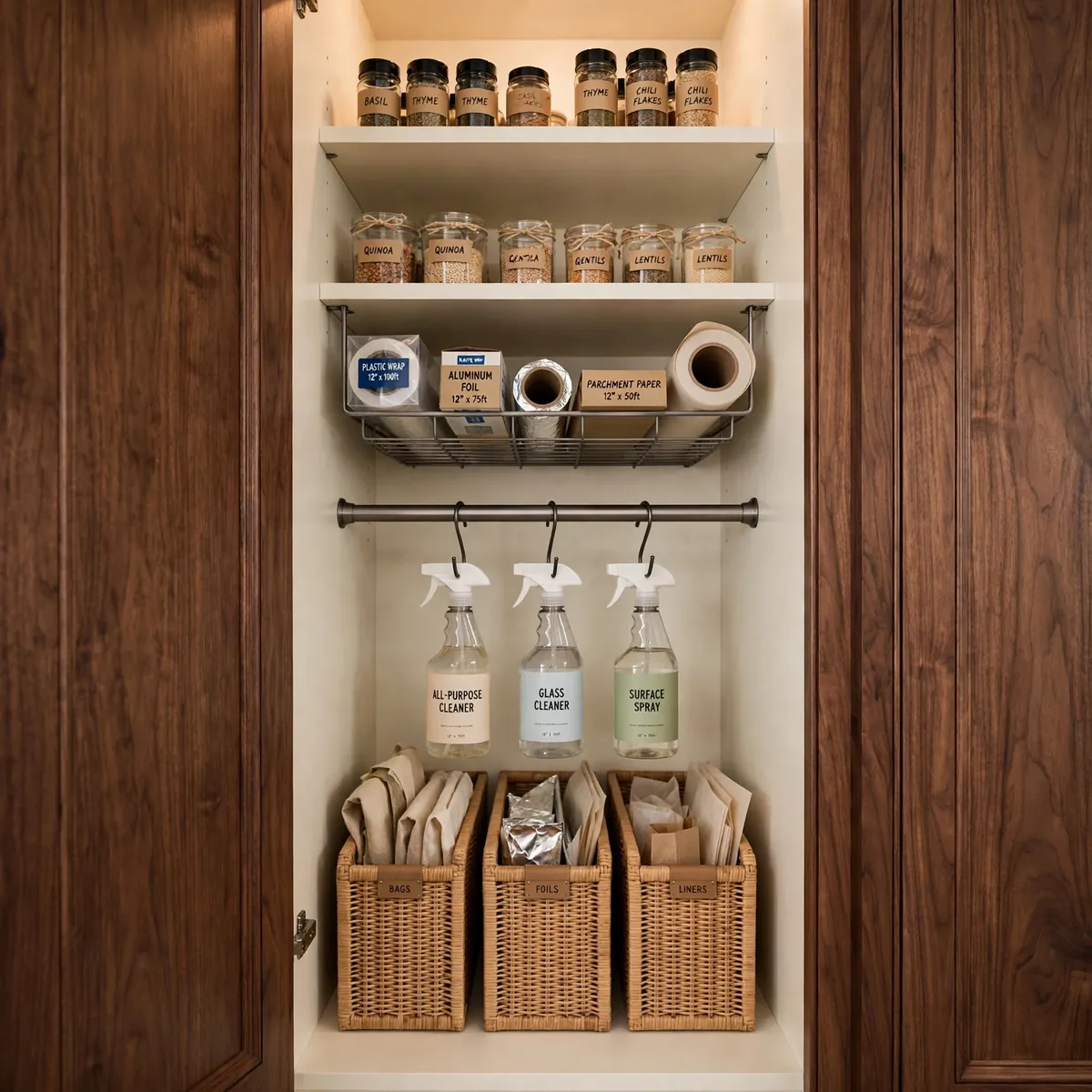pantry organization ideas: narrow reach-in cabinet pantry with under-shelf basket and tension rod storage tricks