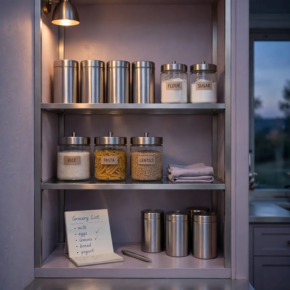 pantry organization ideas: calm lavender pantry at dusk with tidy aligned shelves and a grocery notepad