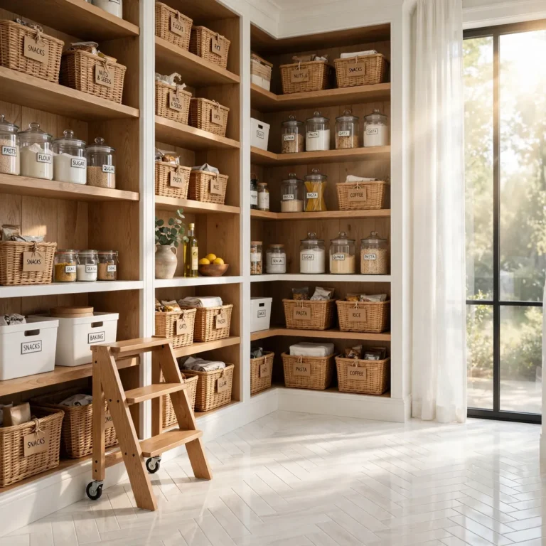 pantry organization ideas: organized walk-in pantry with labeled bins, baskets, and tidy shelves