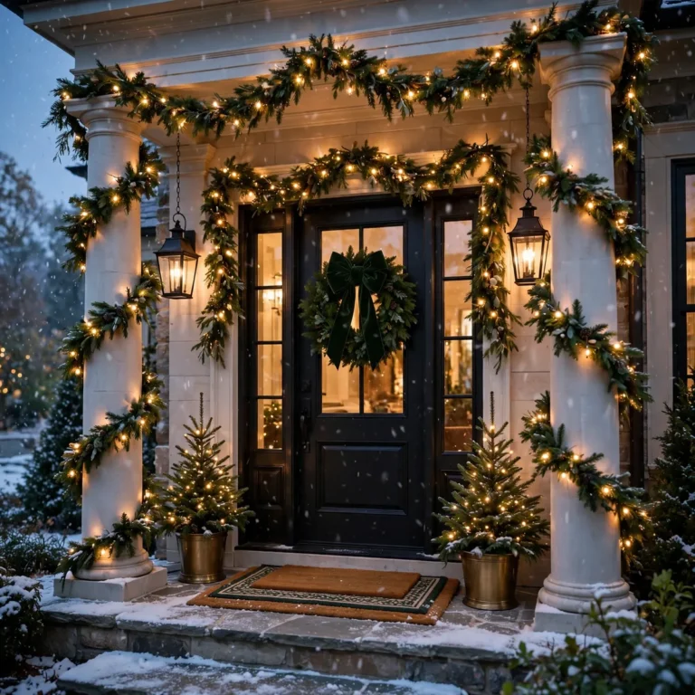 Christmas front porch decor on a festive, welcoming home exterior
