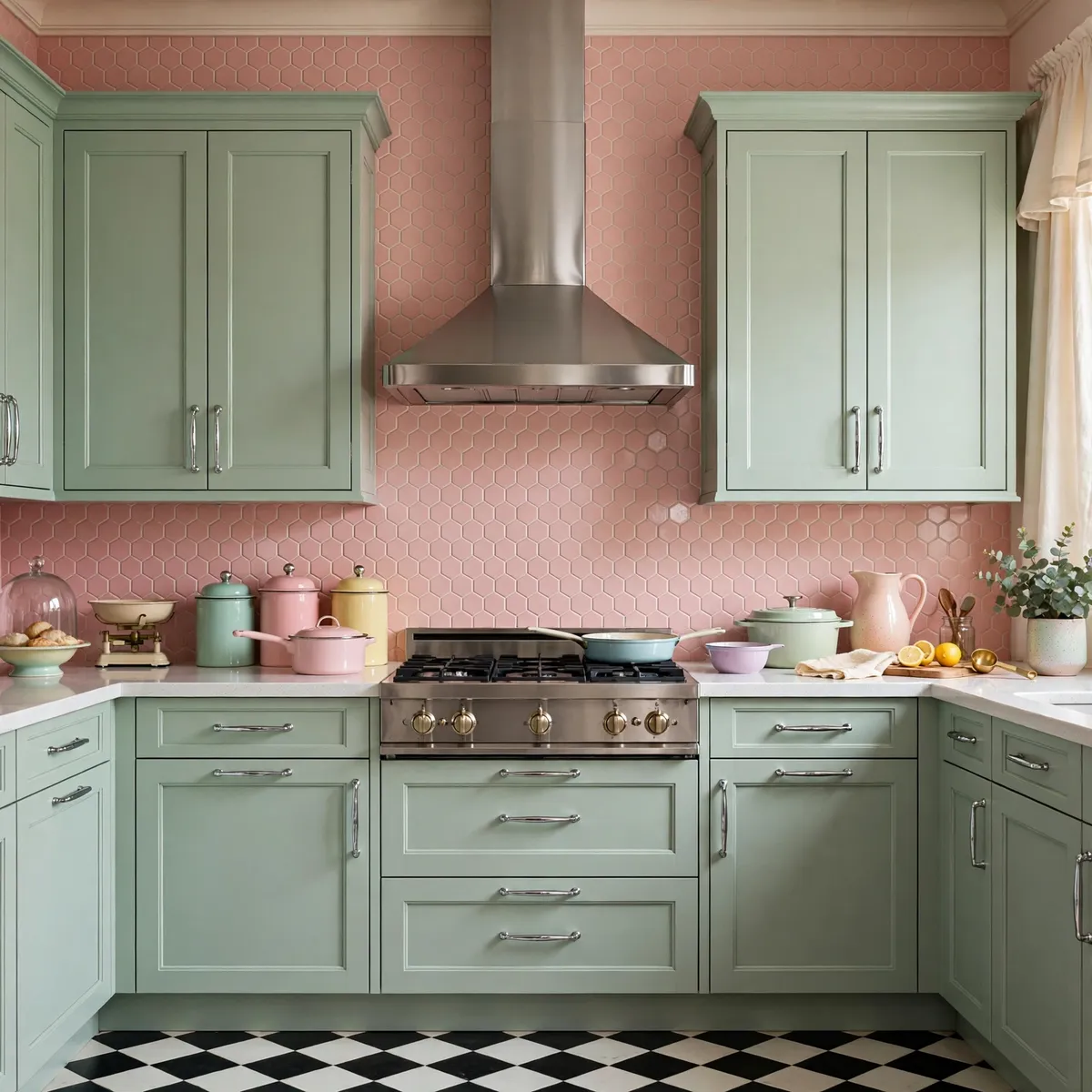 retro kitchen ideas: Pair Mint Cabinets With a Pink Backsplash