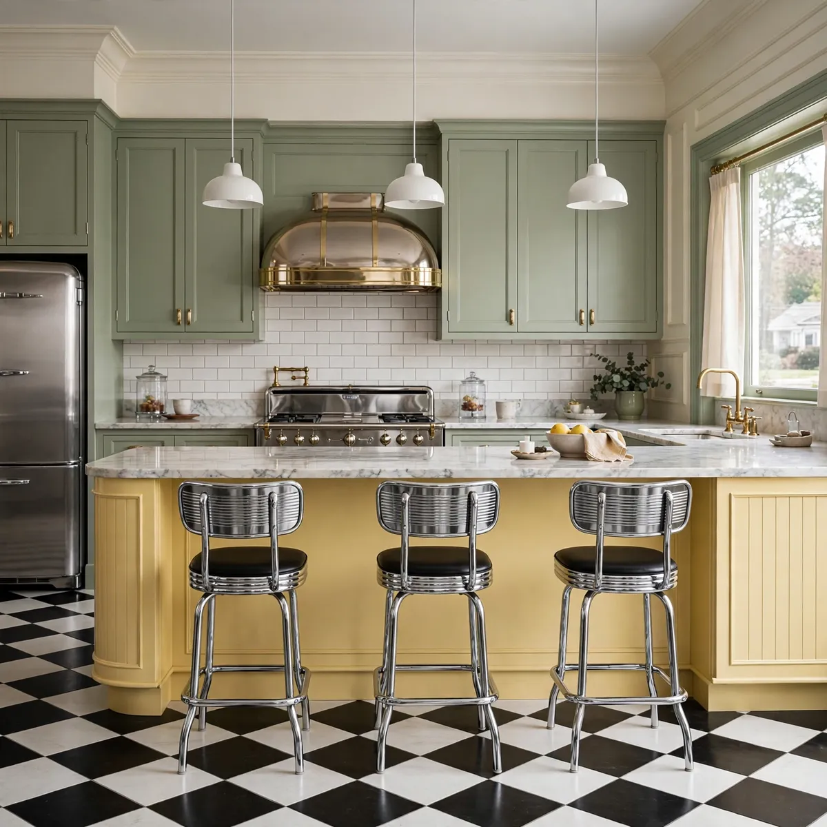 retro kitchen ideas: Lay a Checkerboard Floor Under a Sunny Island