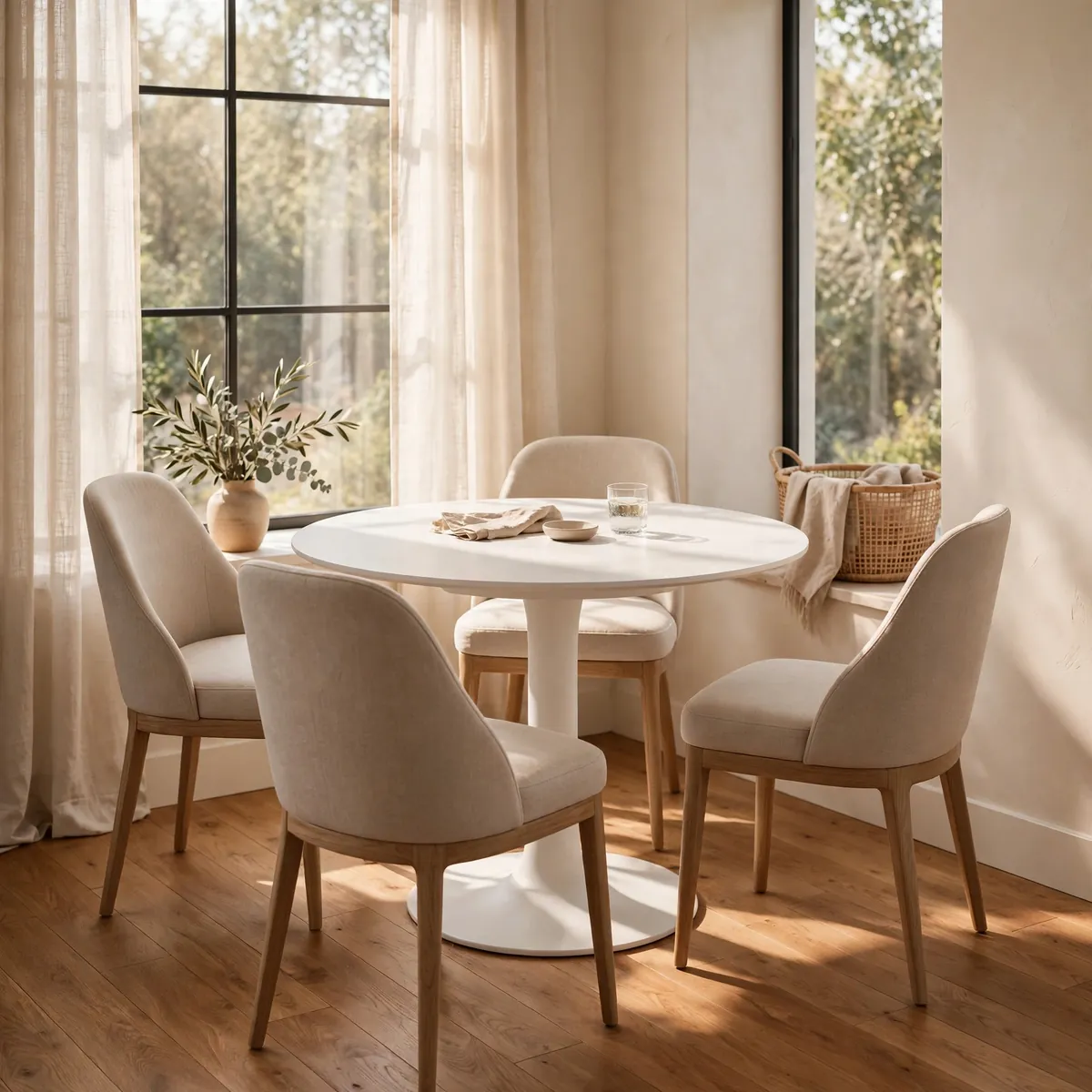 small dining table ideas: round white pedestal dining table with four beige chairs in a bright small dining nook