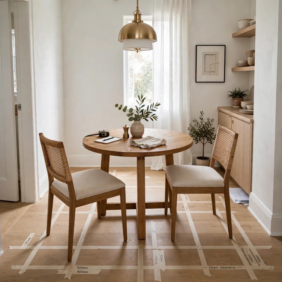 small dining table ideas: compact round wooden dining table with two chairs and a pendant light, tape-measured layout