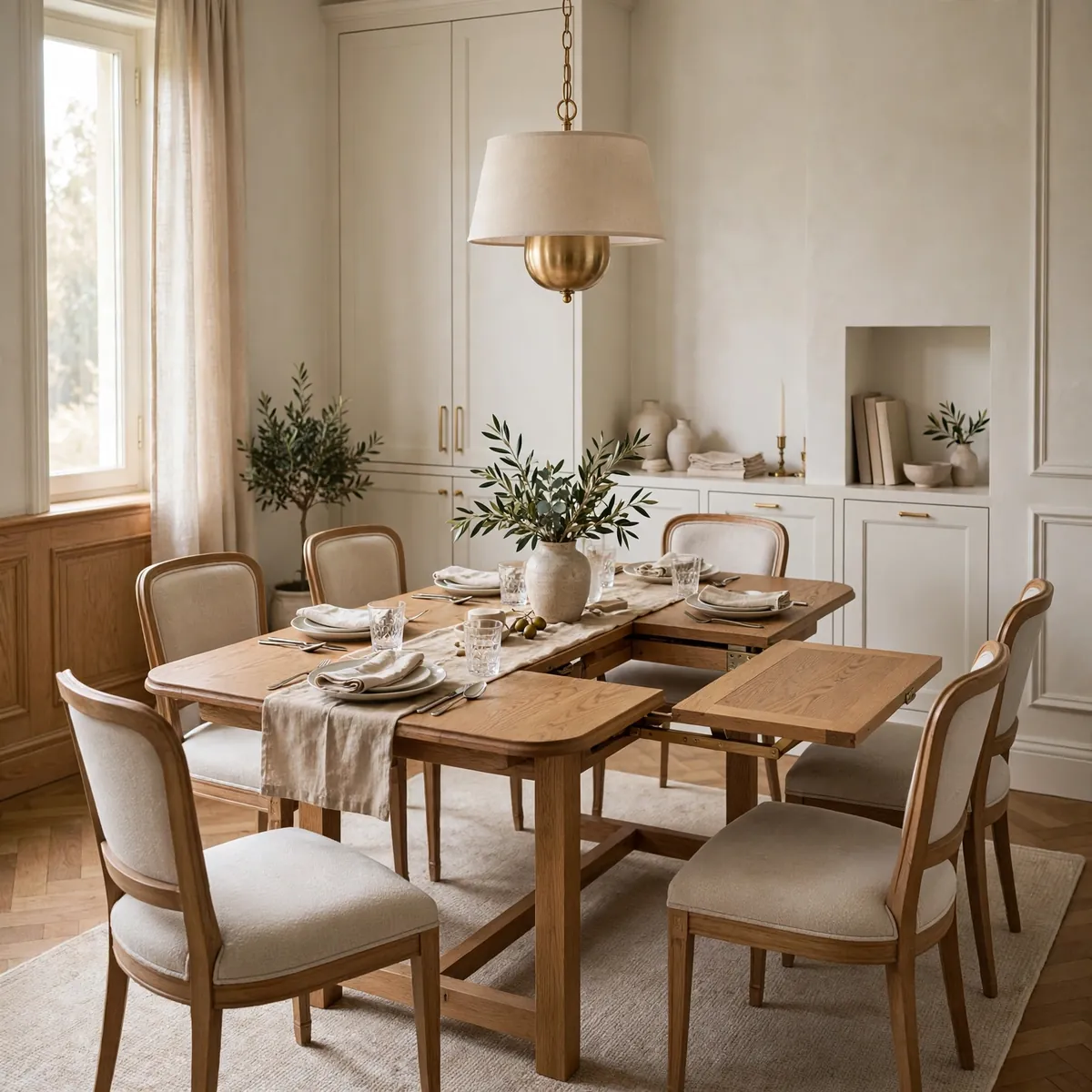 small dining table ideas: elegant extendable oak dining table with butterfly leaf half open in a small dining room