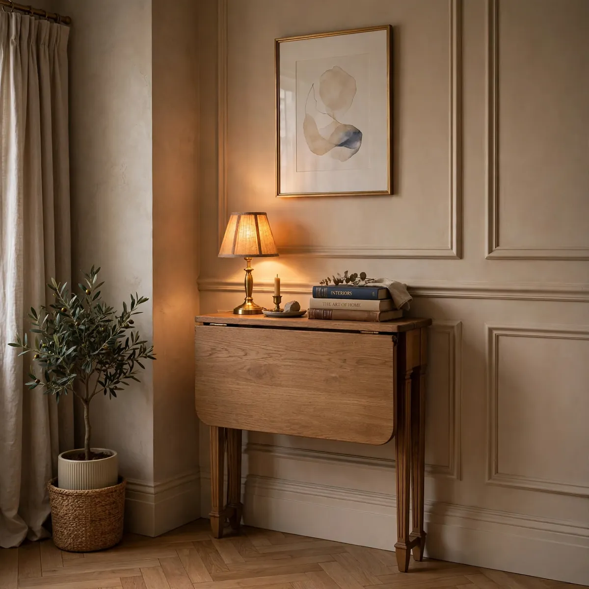 small dining table ideas: gateleg drop-leaf table folded slim against the wall in a tiny dining corner