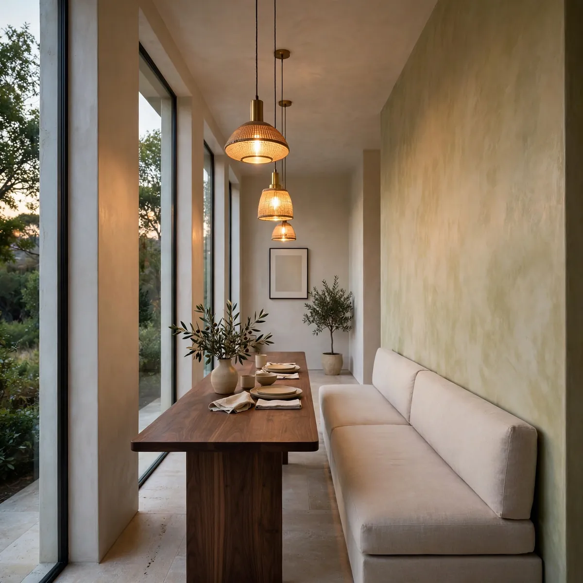 small dining table ideas: slim narrow walnut dining table with bench in a long narrow dining room