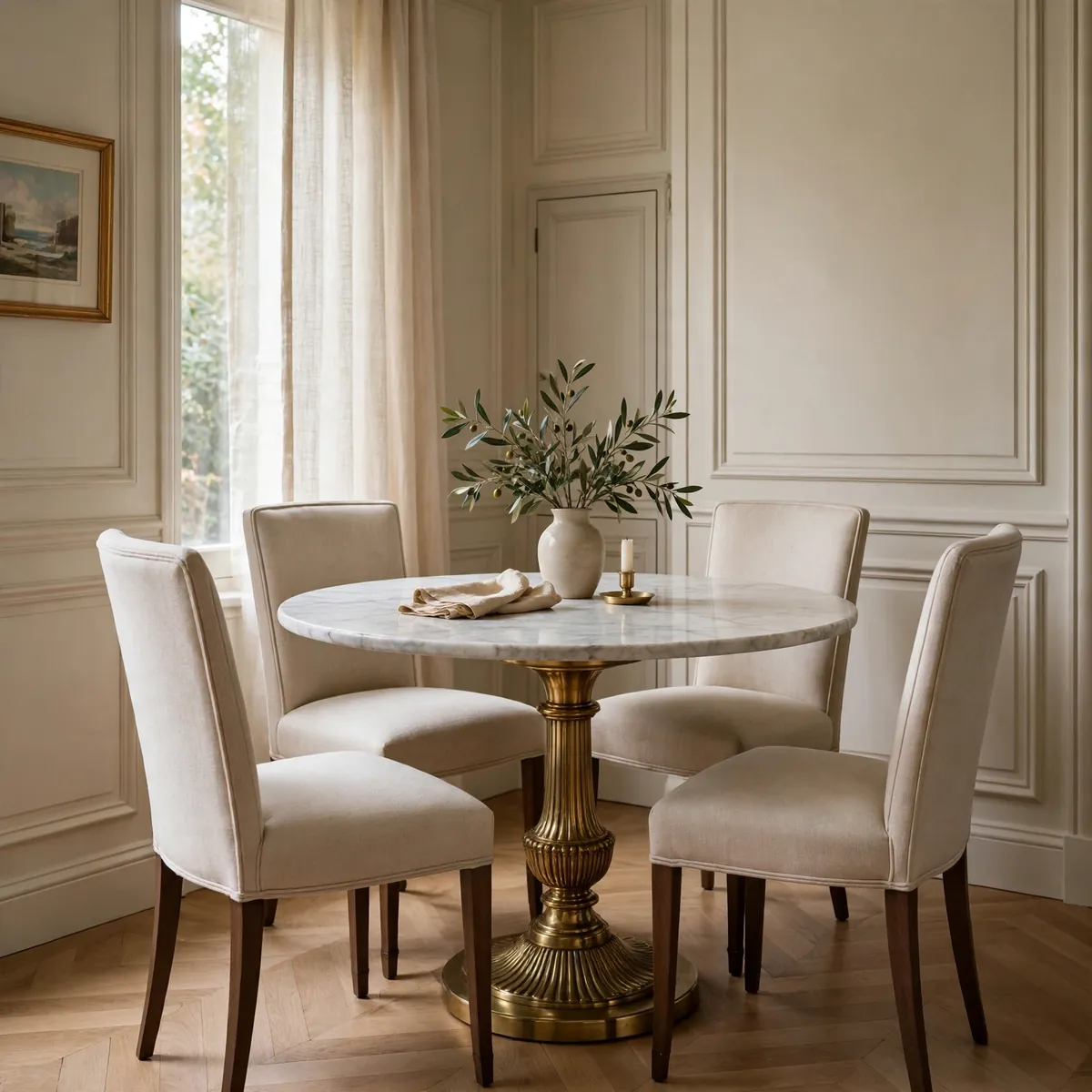 small dining table ideas: round marble pedestal dining table with chairs tucked in close, brass detail