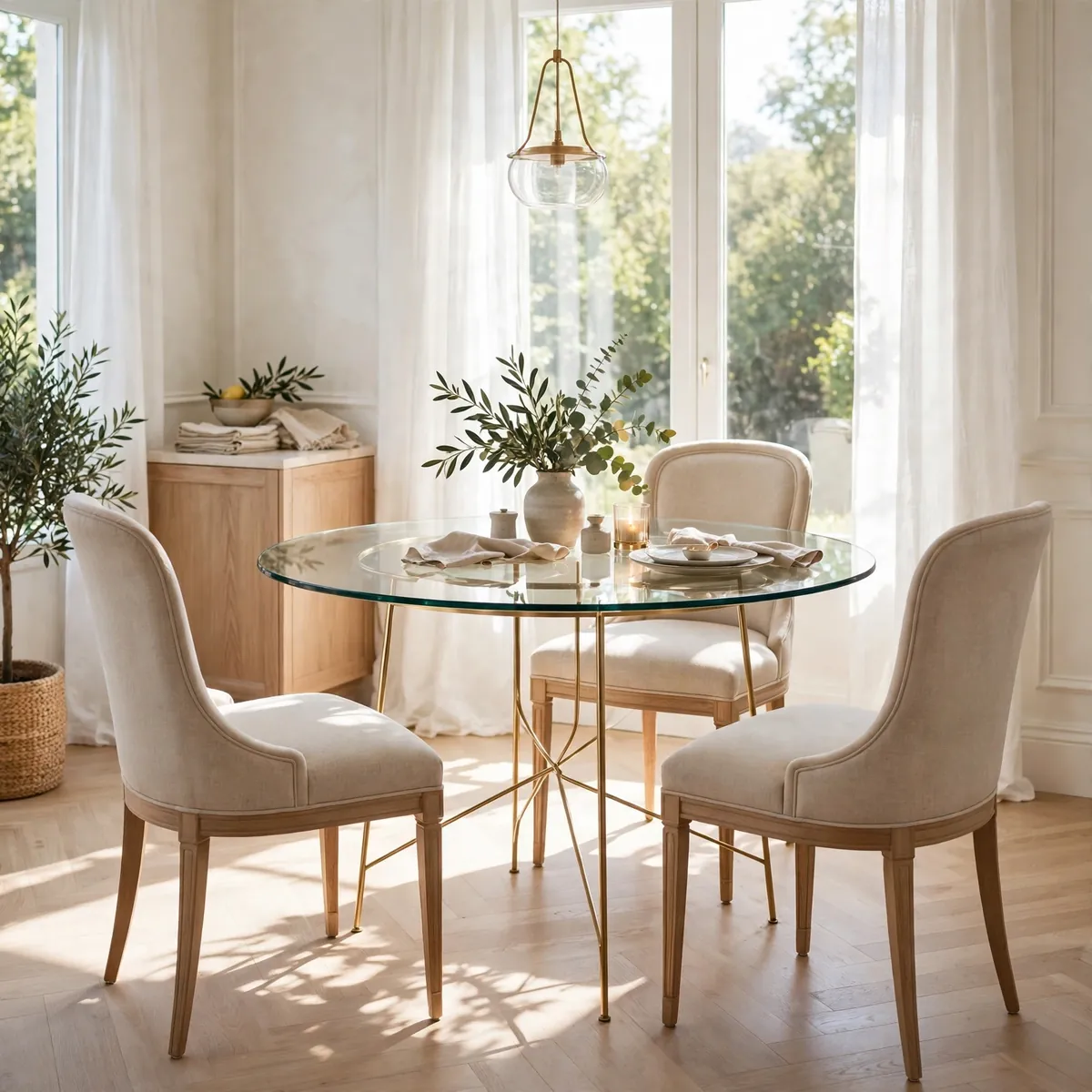 small dining table ideas: glass-top round dining table with slim brass legs in an airy small dining room