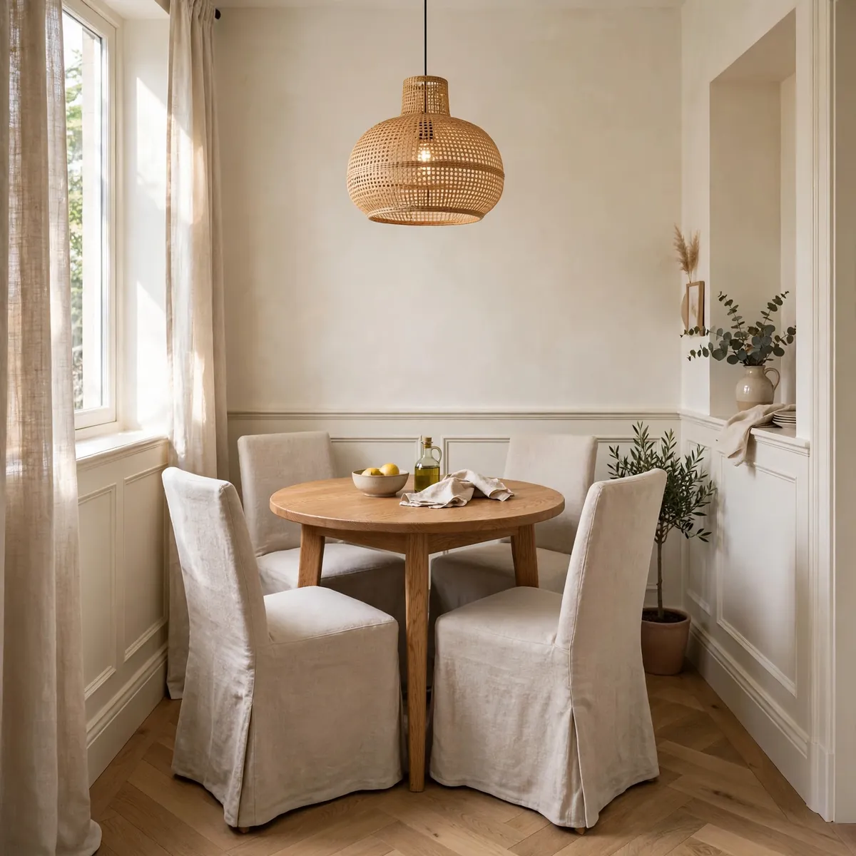 small dining table ideas: small round oak table with four armless linen chairs tucked neatly underneath