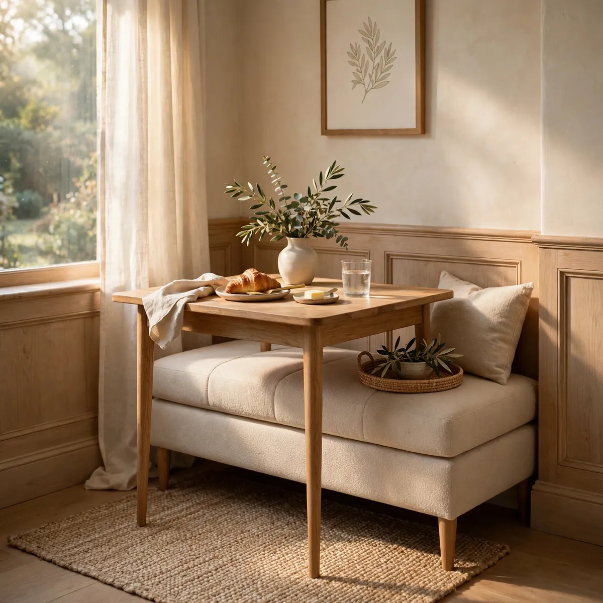 small dining table ideas: upholstered bench slid under a small wooden dining table in a cozy dining nook