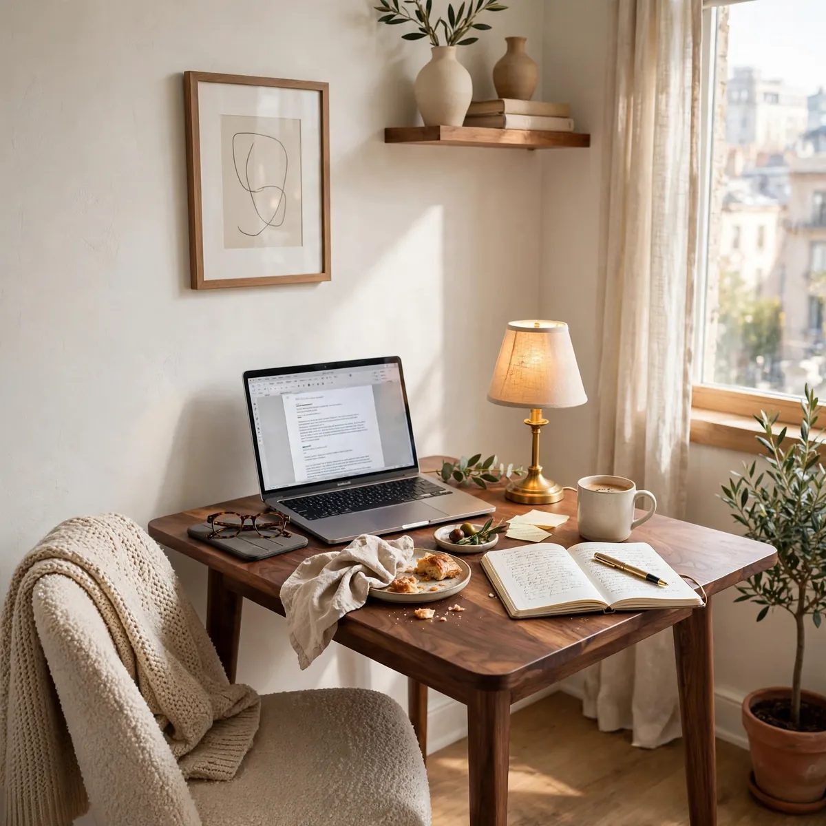 small dining table ideas: small dining table styled as elegant home workspace with laptop and lamp between meals