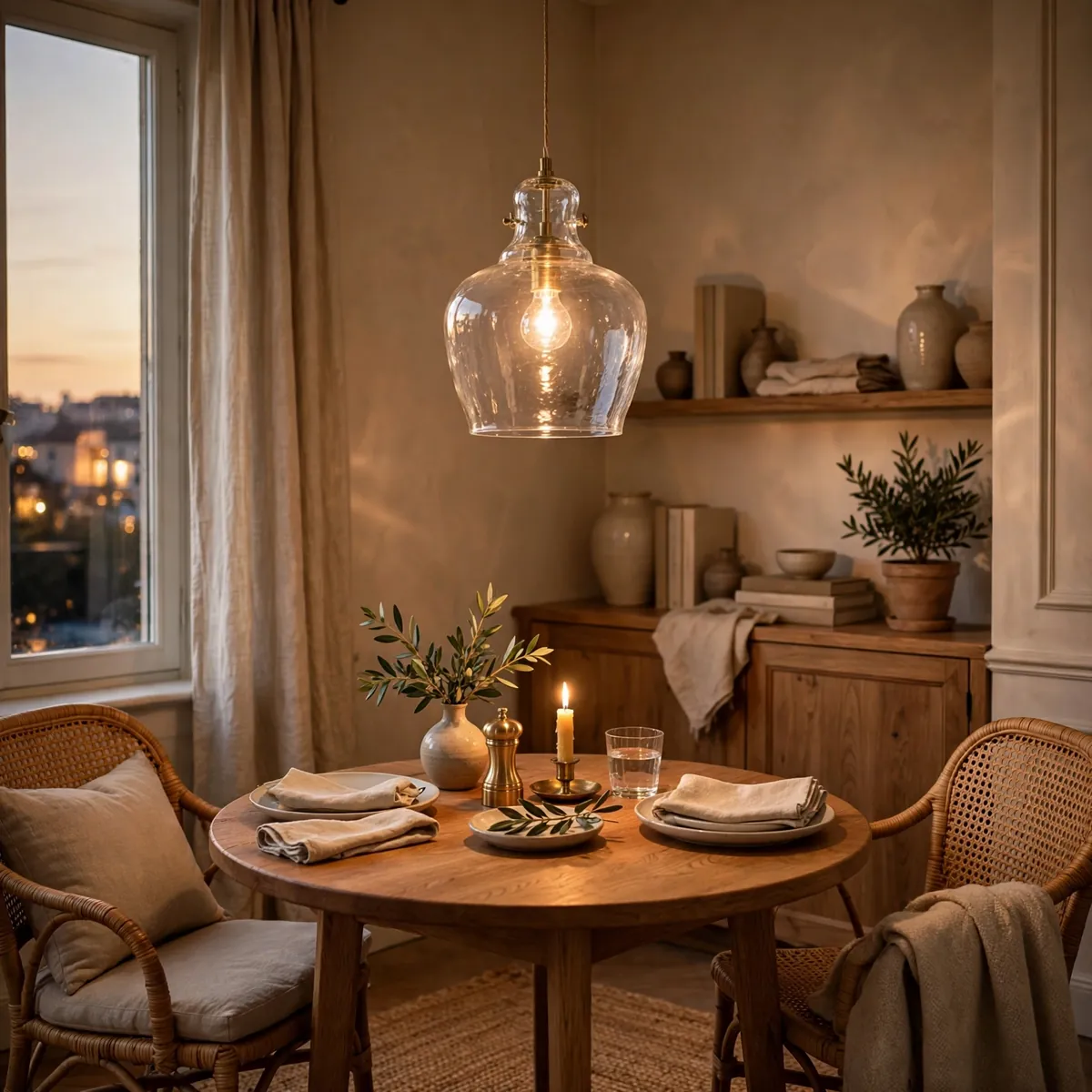 small dining table ideas: clear glass pendant light over a small round dining table on a jute rug