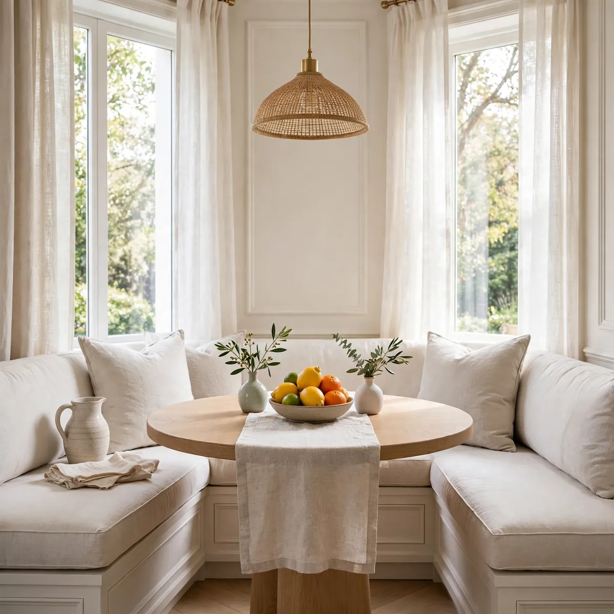 small dining table ideas: small dining table with low bowl of citrus fruit and bud vases as simple centerpiece