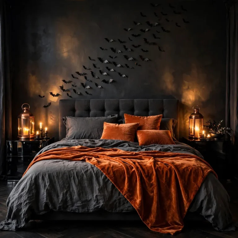 spooky halloween bedroom decor ideas: moody bedroom with paper bat decals above a tufted headboard, black bedding and burnt orange throw