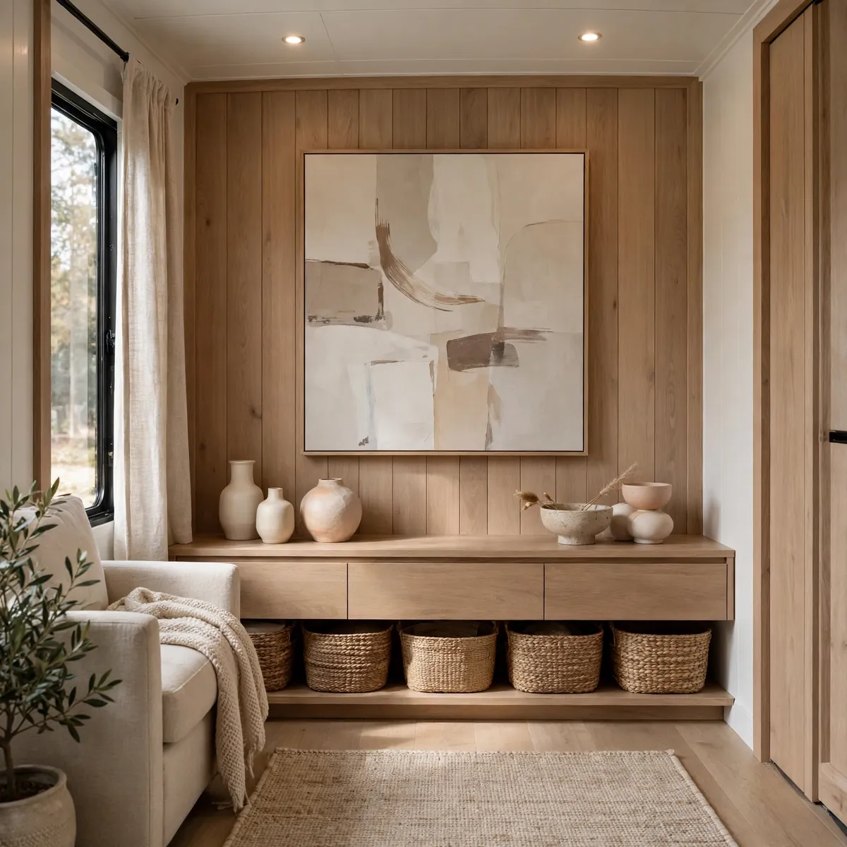single wide trailer living room ideas: Stretch Storage With a Long Low Console
