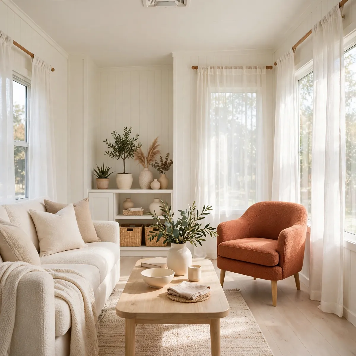single wide trailer living room ideas: Brighten With a Light Palette and One Warm Accent
