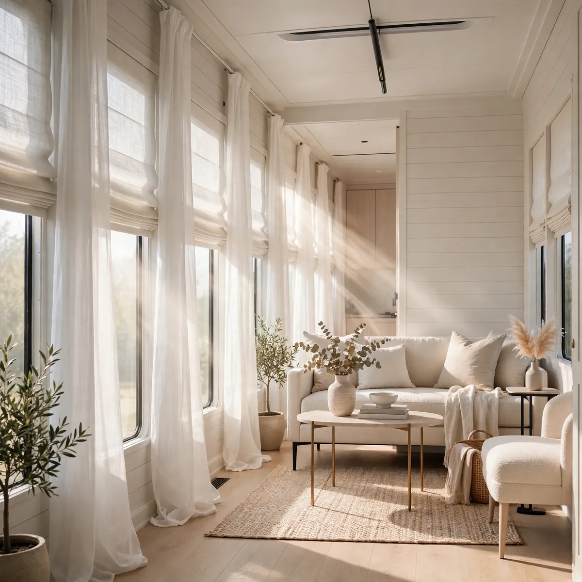 single wide trailer living room ideas: Dress Tall Windows in Sheer Layers
