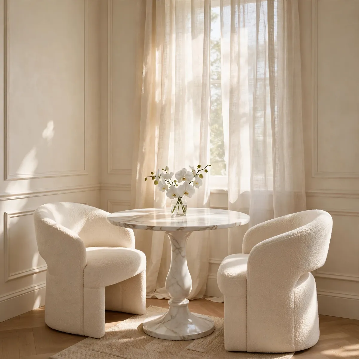 Round white marble pedestal table with ivory boucle chairs in a small dining room