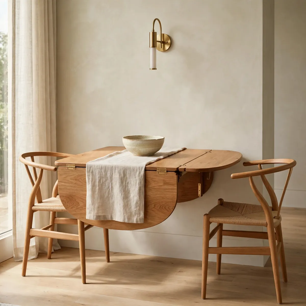 Honey-oak drop-leaf dining table half-extended against a wall