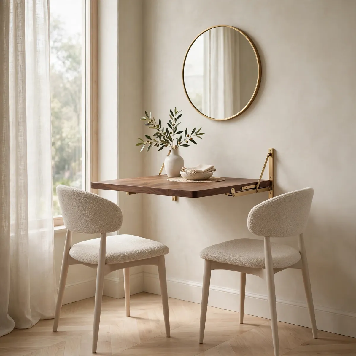 Wall-mounted fold-down walnut dining table opened in a tiny nook