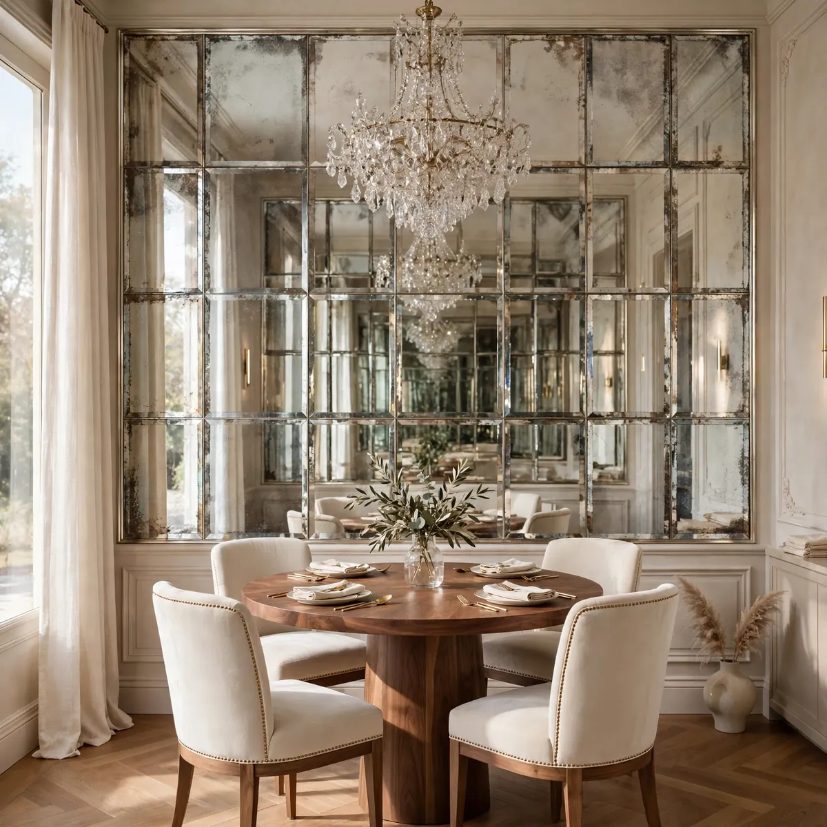 Mirrored wall doubling the space in a small dining room