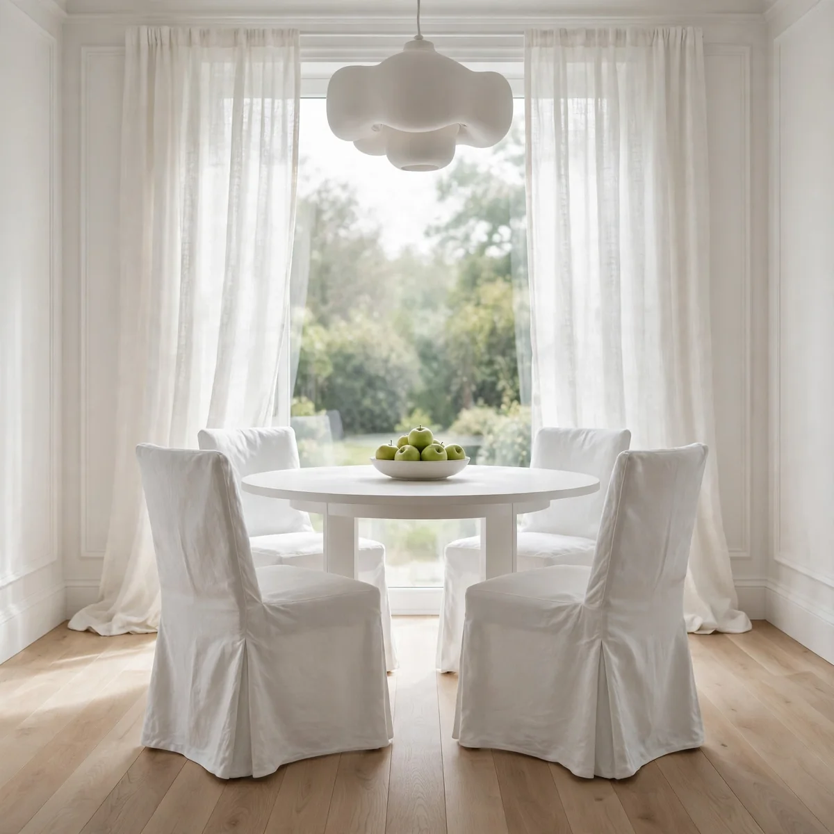 Serene all-white with slipcovered chairs