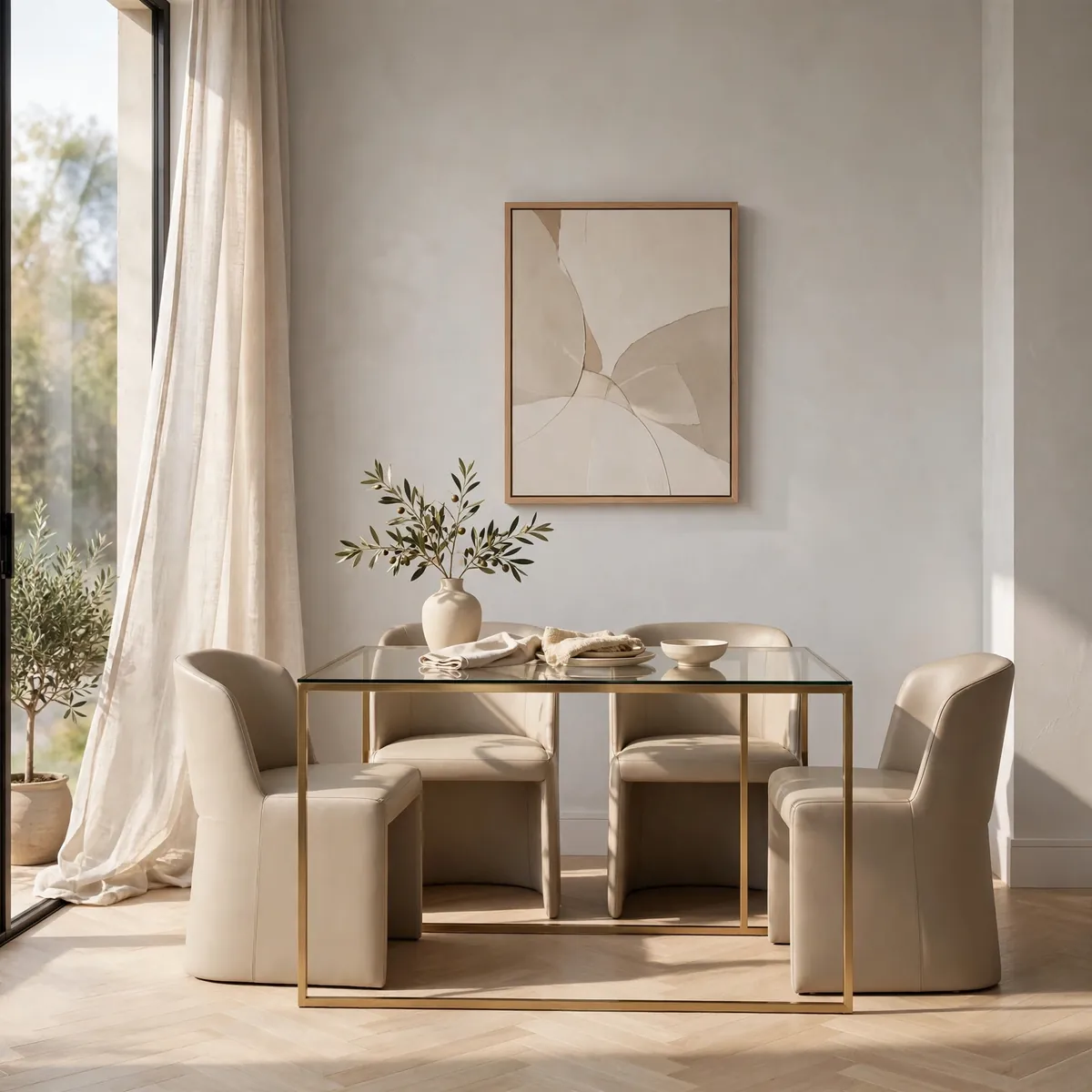 Rectangular glass-top dining table with slim brass frame and beige chairs