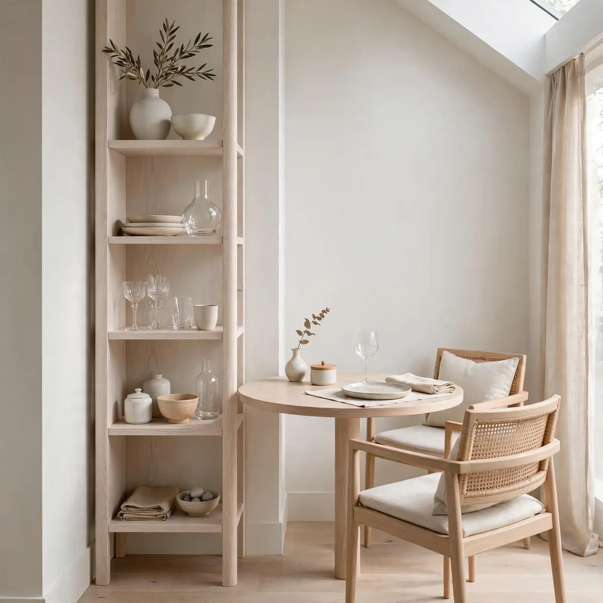 Tall narrow oak shelving unit beside a small round dining table