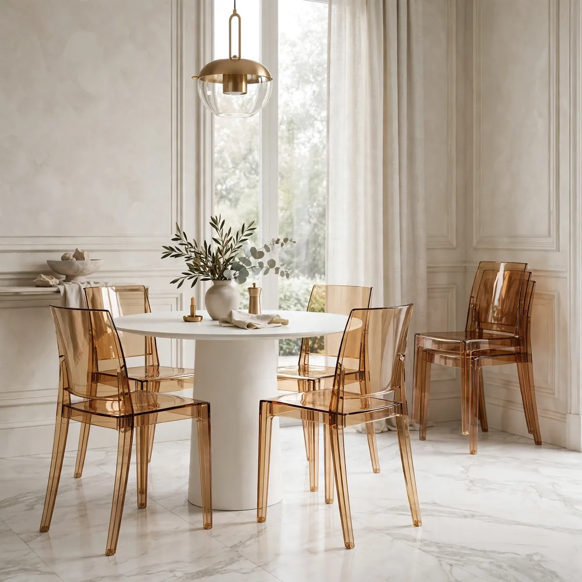 Round white table with stackable amber-tinted chairs