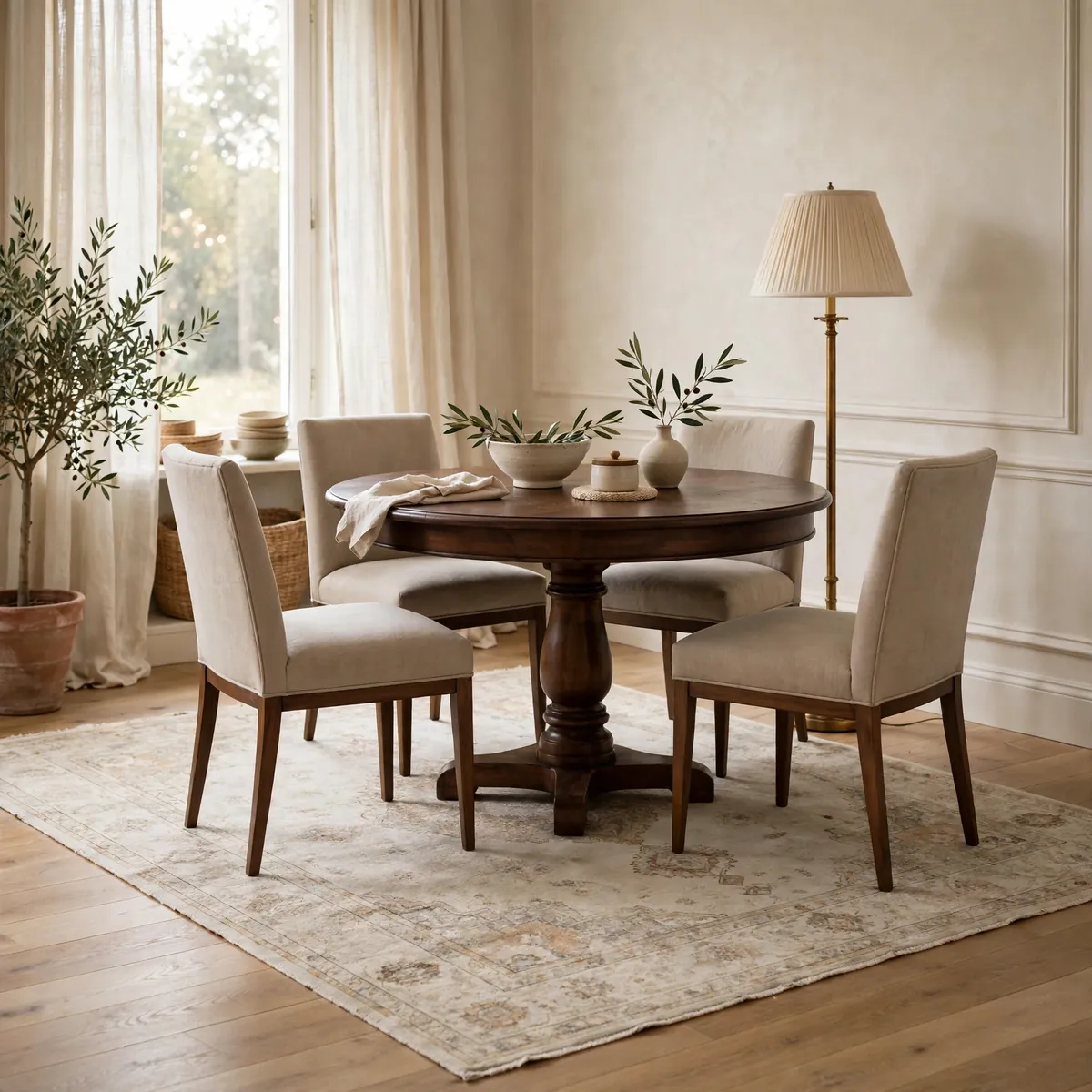 Ivory vintage-style rug anchoring a round dining table with greige chairs