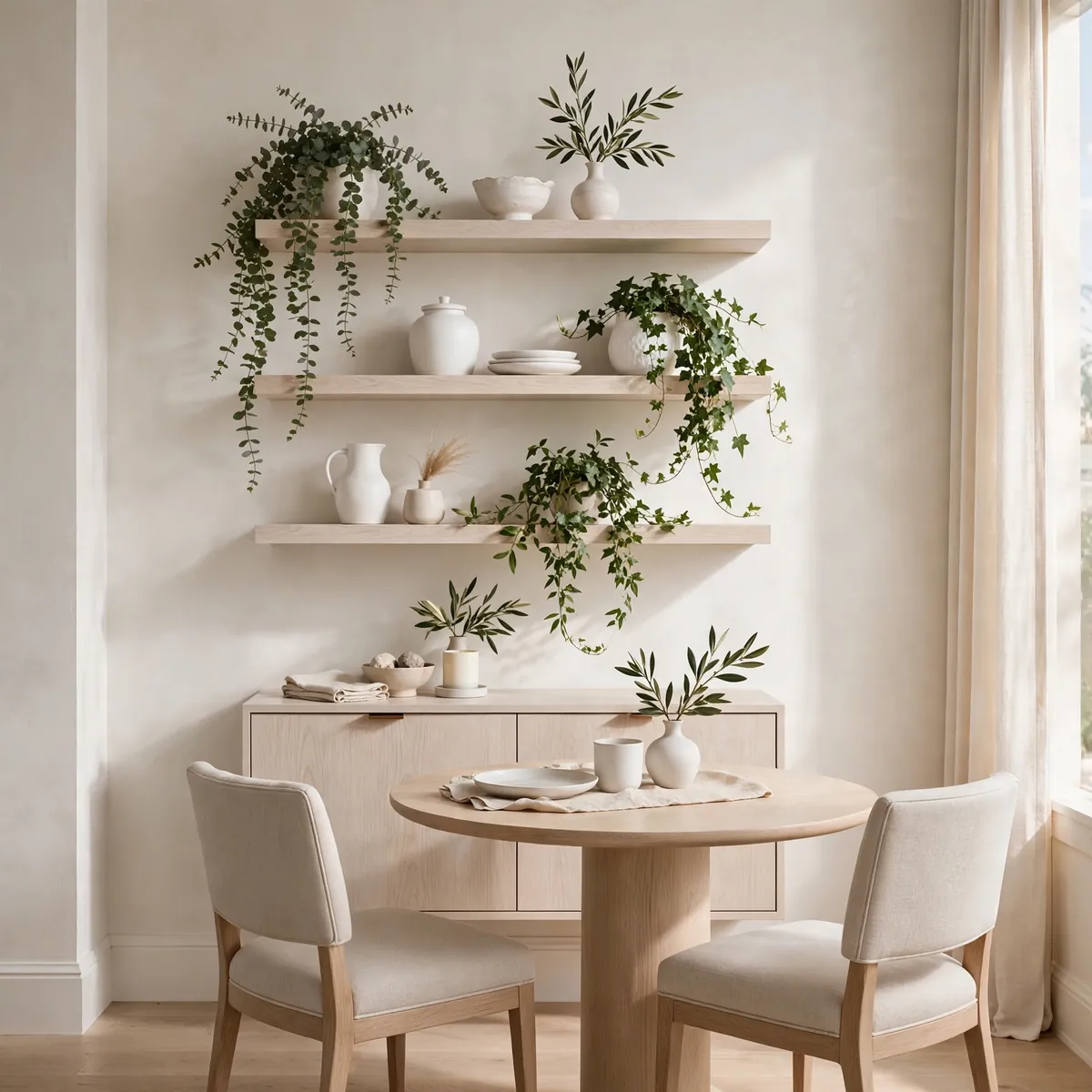 Floating oak open shelves styled with ceramics above a narrow sideboard